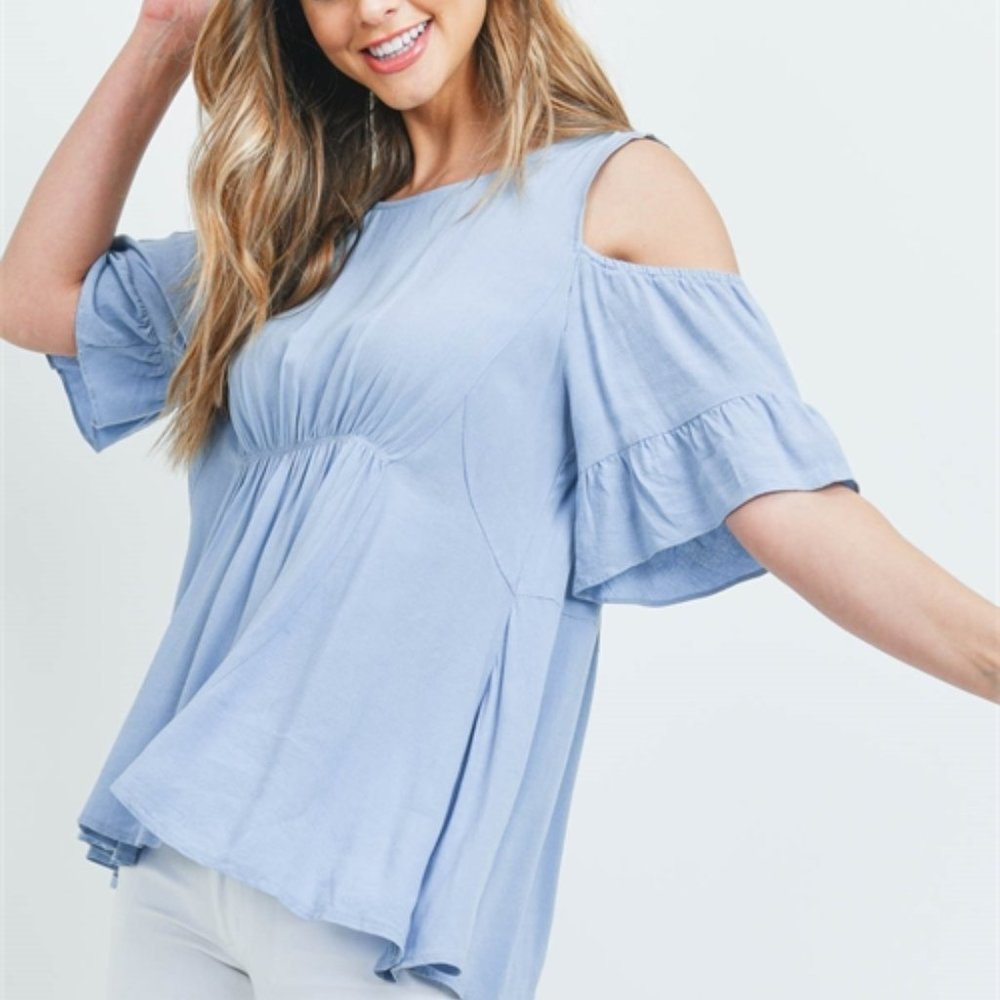 FRESH TAKE Cold Shoulder Top- Blue - Picture 3 of 5